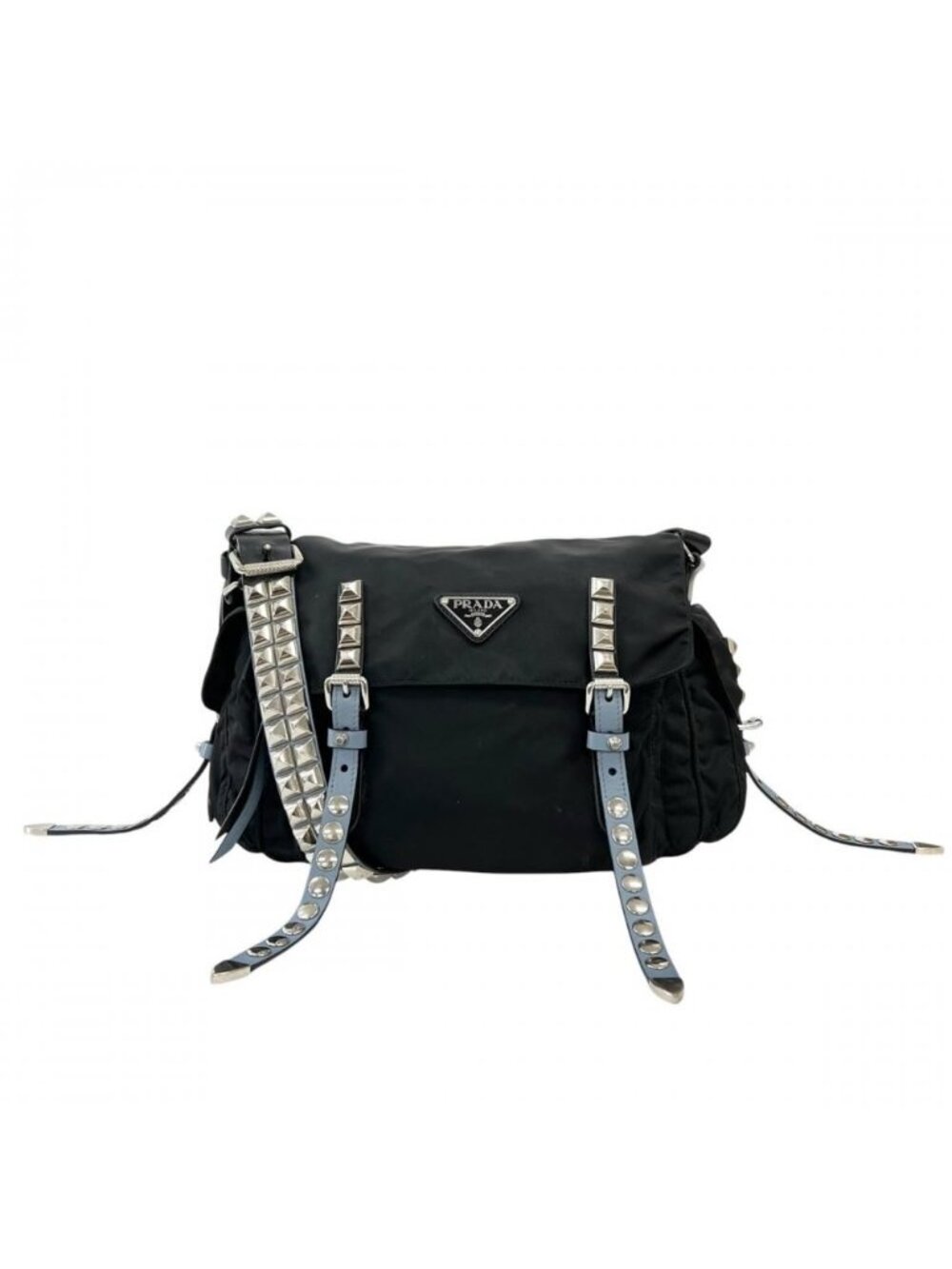 Prada Shoulder Bag Studded Nylon Black Light Blue Silver